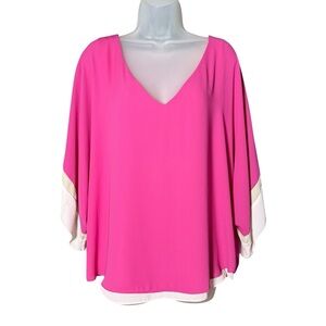 WHITE HOUSE BLACK MARKET Women's Kimono Kaftan Sleeve Blouse Pink Flowy Size XL
